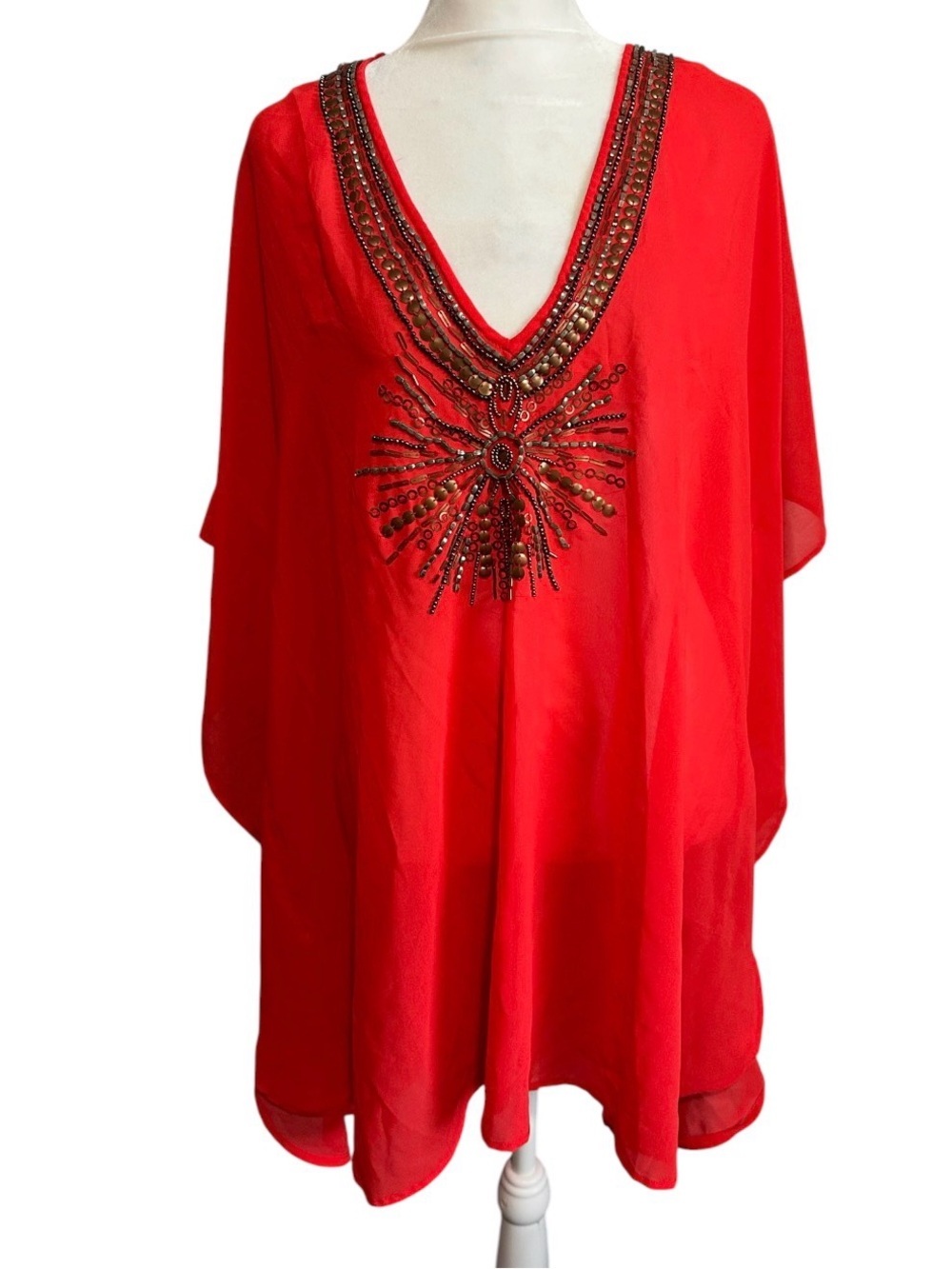 Spiaggia dolce Embellished V-Neck Red Women's Tunic Top poncho size L